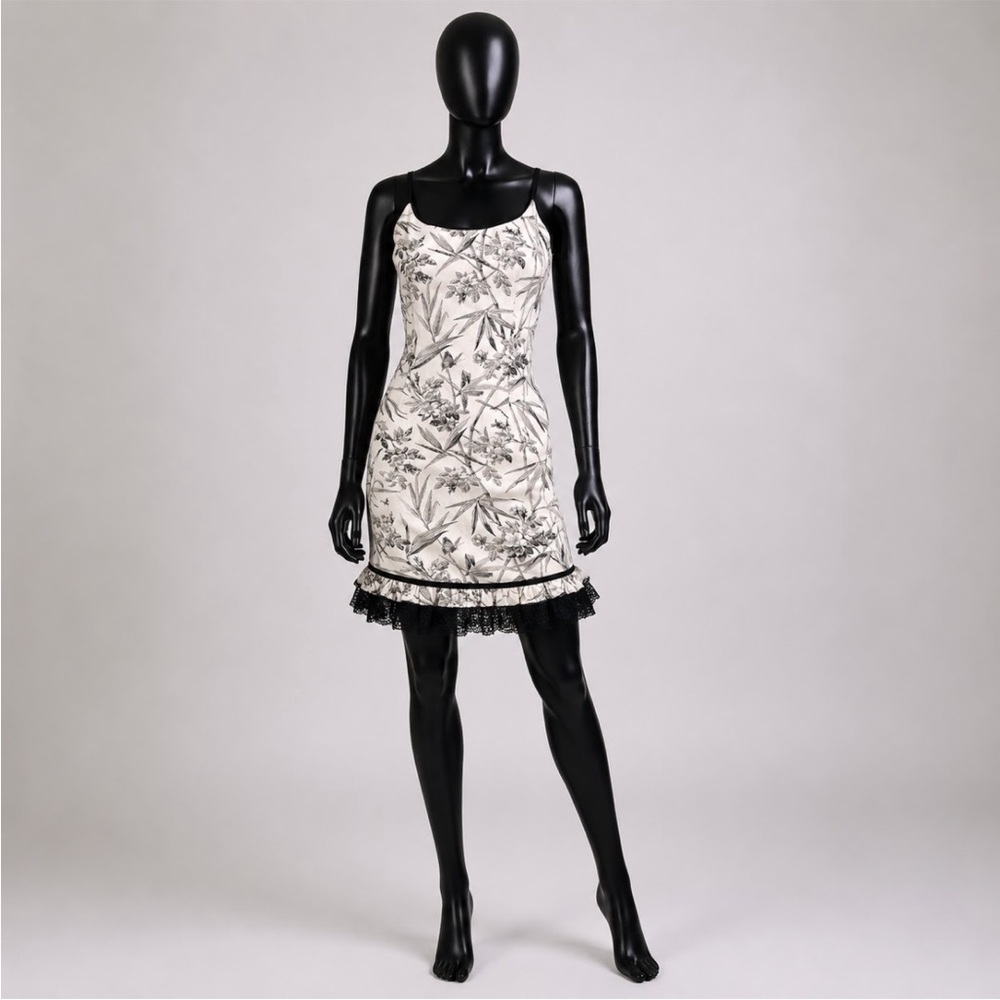 Maggy London Cream Slip Mini Dress with Black Floral Embroidery